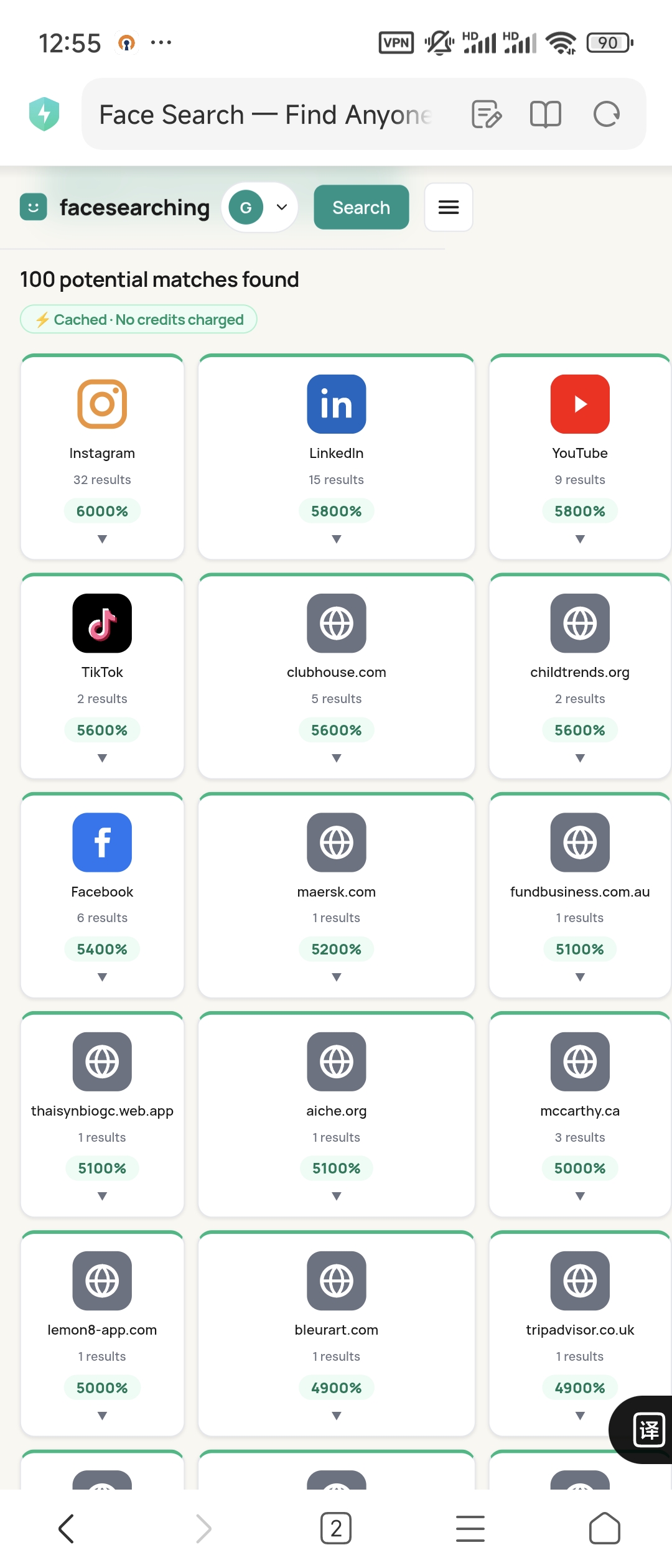 Face search results showing matches across platforms