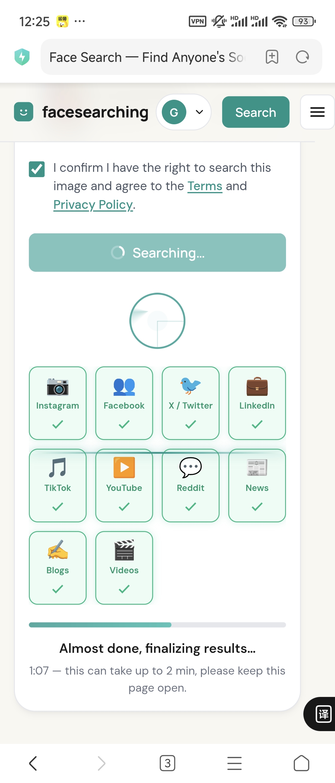 Scanning social media platforms during a face search